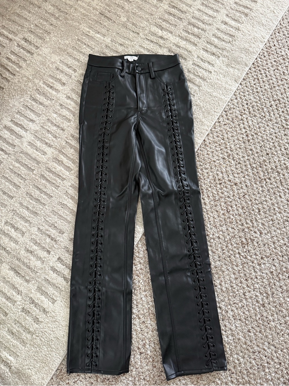 Good American Black Faux Leather Straight-Leg pants with Lace-Up detail